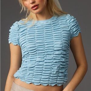 Anthropologie Light Blue Ruched smocked Short Sleeve cropped Top